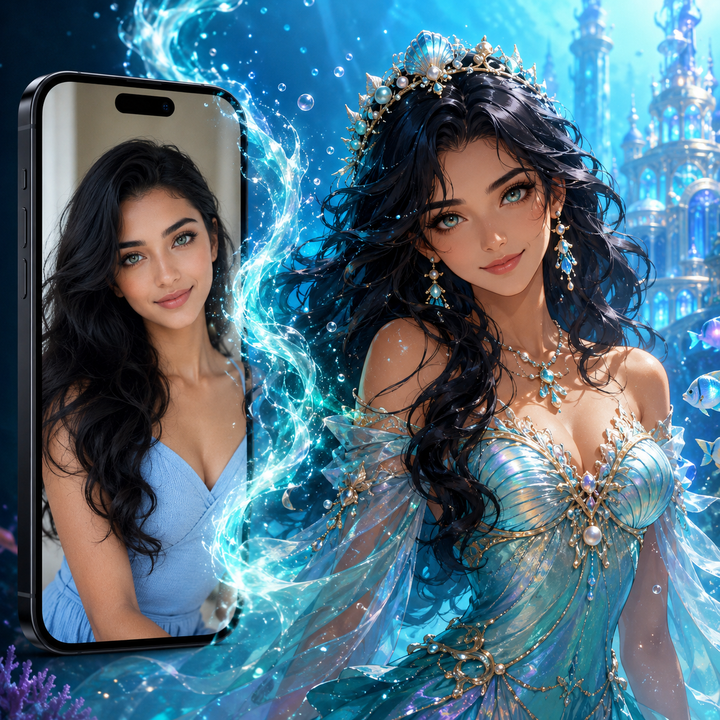 Custom ocean mermaid woman self portrait Paint by Numbers artwork transforming a personal photo into a fantasy underwater heroine with blue dress, pearl accessories and magical ocean background
