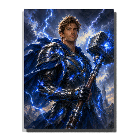 Custom self portrait Paint by Numbers artwork transforming a personal photo into a fantasy warrior with blue magical armor effects and heroic character design