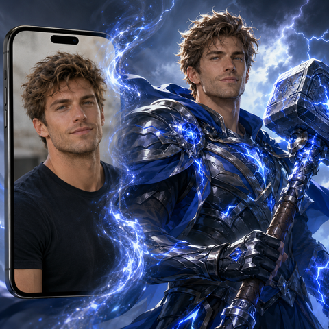 Custom self portrait Paint by Numbers artwork transforming a personal photo into a fantasy warrior with blue magical armor effects and heroic character design