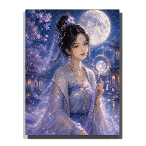 Custom Chinese Hanfu woman self portrait Paint by Numbers artwork transforming a personal photo into an ancient Chinese fantasy character with moonlight background and traditional clothing
