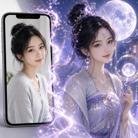 Custom Chinese Hanfu woman self portrait Paint by Numbers artwork transforming a personal photo into an ancient Chinese fantasy character with moonlight background and traditional clothing