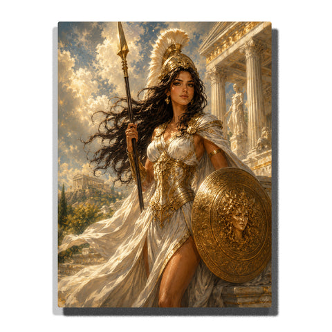 Custom Greek goddess warrior woman self portrait Paint by Numbers artwork transforming a personal photo into a golden armored heroine with spear, shield and fantasy background