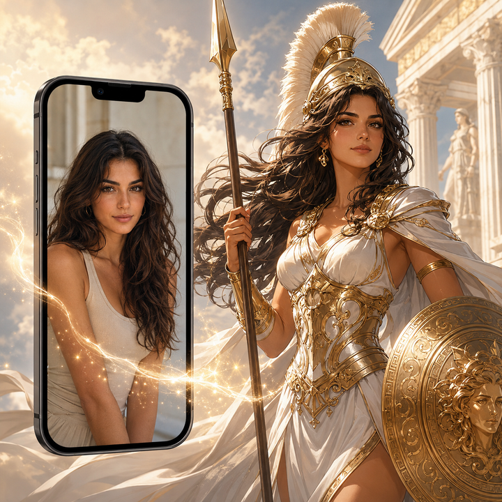 Custom Greek goddess warrior woman self portrait Paint by Numbers artwork transforming a personal photo into a golden armored heroine with spear, shield and fantasy background