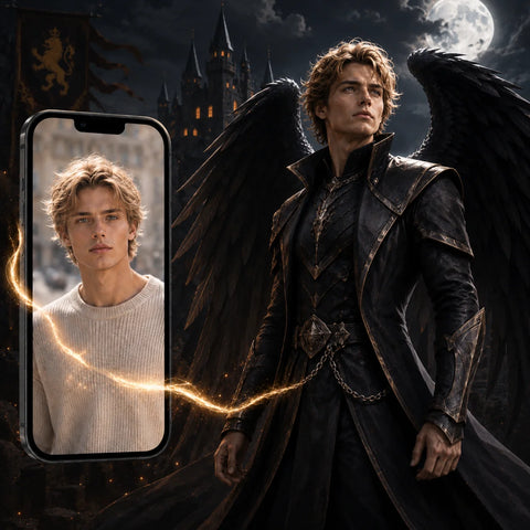 Custom Paint by Numbers preview showing a man’s photo beside his dark angel portrait with black feathered wings, an ornate coat and a moonlit castle.