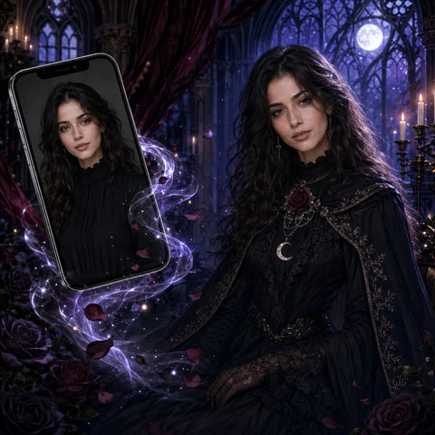 Custom Paint by Numbers preview showing a woman’s photo beside her Gothic portrait in black lace and an ornate cape, surrounded by roses, candles and moonlit windows.