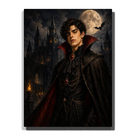 Custom vampire Paint by Numbers preview showing a portrait photo beside its Gothic transformation, with a burgundy-lined cape, gold jewelry and moonlit castle.