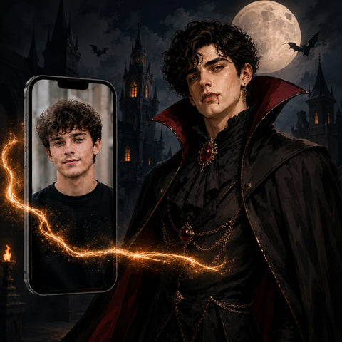 Custom vampire Paint by Numbers preview showing a portrait photo beside its Gothic transformation, with a burgundy-lined cape, gold jewelry and moonlit castle.