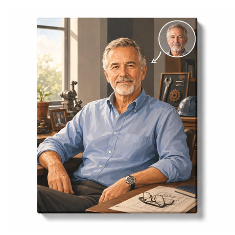 Custom Classic Dad Portrait example showing Seated study portrait, Light blue shirt, Soft window light and personal desk details with a source-photo inset