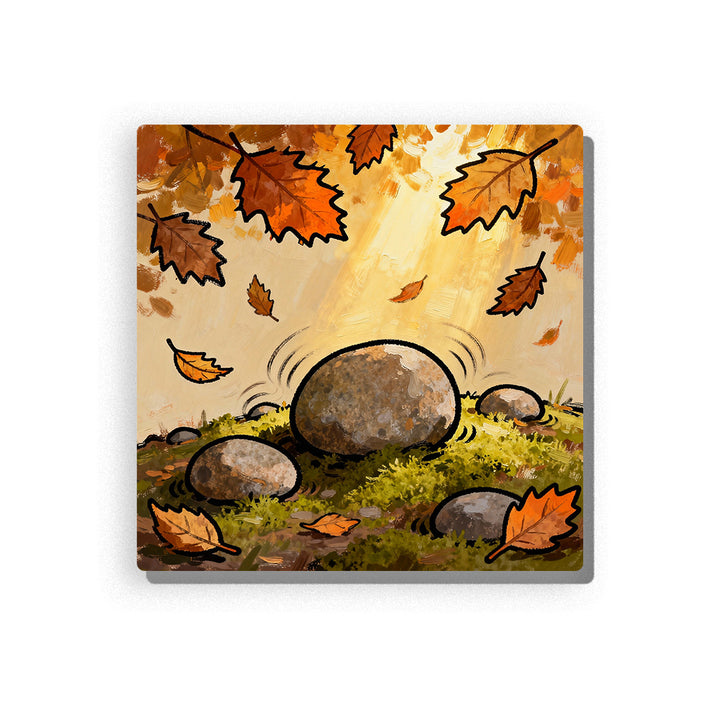 Autumn stones on mossy green ground with falling orange leaves, warm golden sunlight, gray rocks, soft outdoor background, and peaceful seasonal mood, paint by numbers by PaintEasy