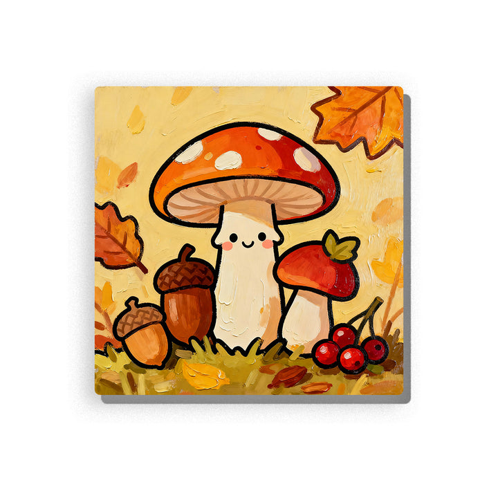 Smiling autumn mushroom with orange cap, cream stem, acorns, red berries, fallen leaves, warm yellow background, and cozy woodland mood, paint by numbers by PaintEasy