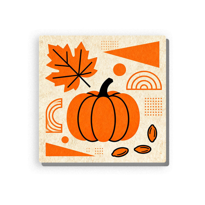Orange pumpkin with autumn leaf shapes, acorns, geometric triangles, dotted texture blocks, cream background, and warm fall harvest mood, paint by numbers by PaintEasy