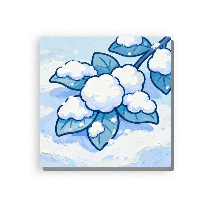 Winter blue flower with snowy white petal clusters, dark blue outlines, pale icy background, soft snow dots, and calm seasonal nature mood, paint by numbers by PaintEasy