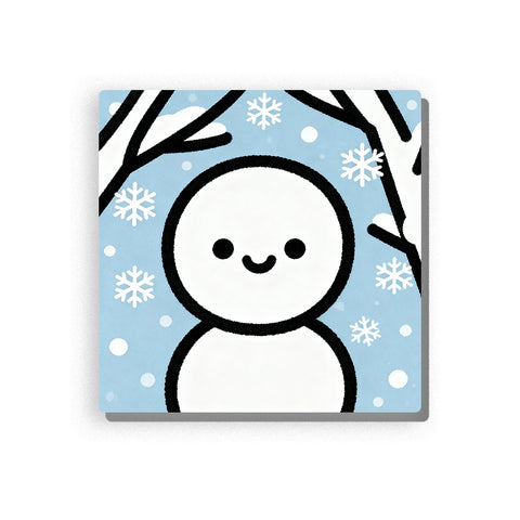 Happy snowman close-up with round white head, simple black face, pale blue snowy background, white snowflakes, dark winter branches, and gentle seasonal mood, paint by numbers by PaintEasy