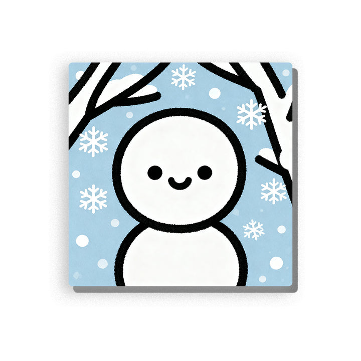 Happy snowman close-up with round white head, simple black face, pale blue snowy background, white snowflakes, dark winter branches, and gentle seasonal mood, paint by numbers by PaintEasy