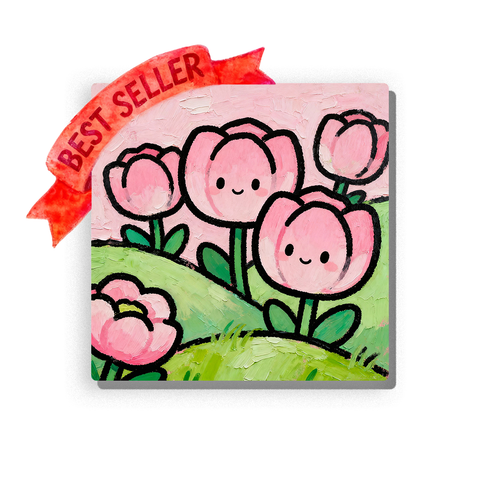 Pink tulip garden with rolling green hills, smiling flower faces, simple leaves, bold black outlines, soft pink background, and sweet first-garden mood, paint by numbers by PaintEasy