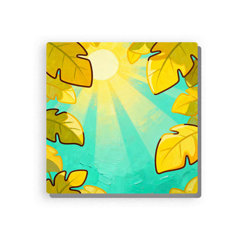 Golden autumn leaves framing a bright sunlit blue-green sky with soft light rays, warm yellow leaf shapes, open center space, and peaceful seasonal mood, paint by numbers by PaintEasy
