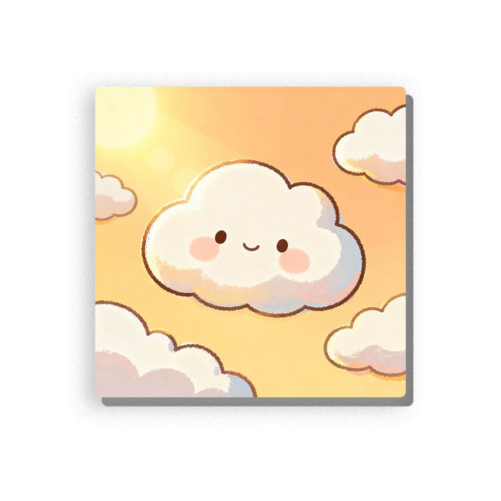 Warm sunset cloud with tiny smiling face, rosy cheeks, peach sky background, small surrounding clouds, soft yellow glow, and peaceful quiet-time mood, paint by numbers by PaintEasy