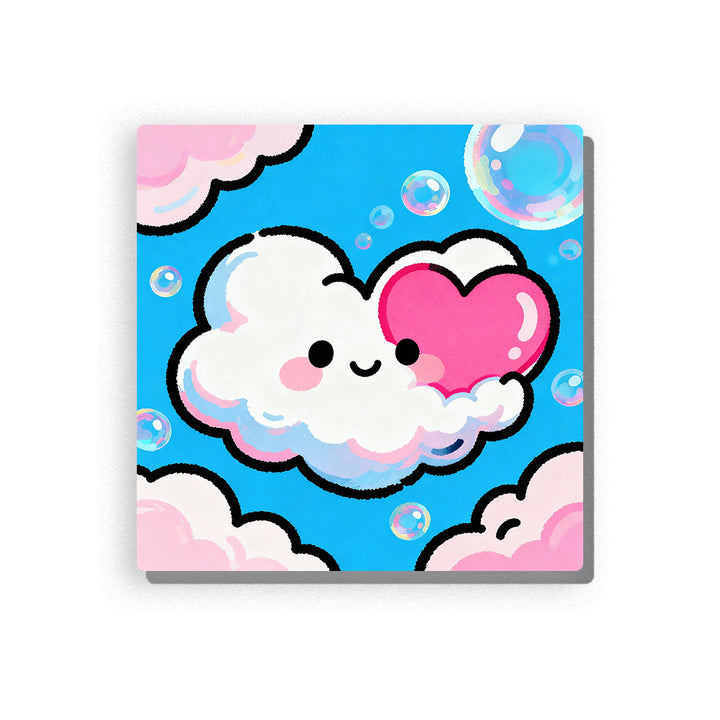 Smiling white cloud holding a bright pink heart bubble with rosy cheeks, floating iridescent bubbles, vivid blue sky, pink cloud corners, and sweet cheerful mood, paint by numbers by PaintEasy
