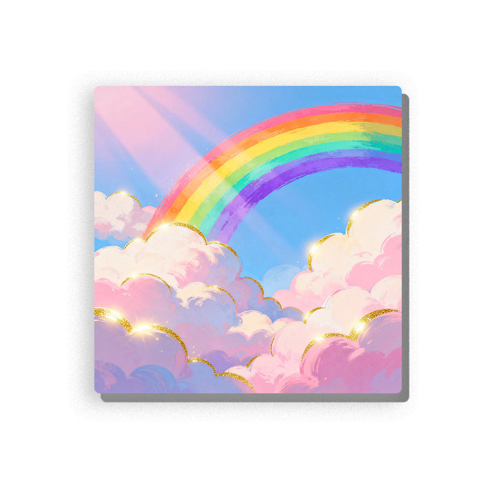 Rainbow arch above soft pastel clouds with bright color bands, blue sky, pink light rays, fluffy cloud layers, and joyful first-rainbow mood, paint by numbers by PaintEasy