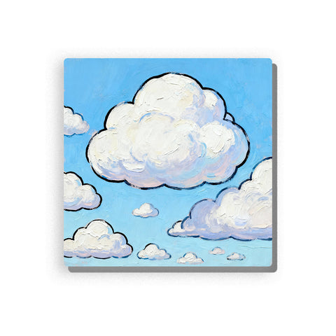 Big fluffy white cloud in bright blue sky with smaller distant clouds, rounded edges, soft blue shadows, open sky space, and peaceful daytime mood, paint by numbers by PaintEasy