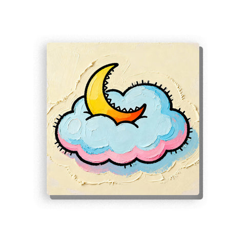 Crescent moon resting on a pastel cloud with yellow moon shape, blue cloud body, pink lower edge, bold black outlines, cream background, and peaceful bedtime mood, paint by numbers by PaintEasy