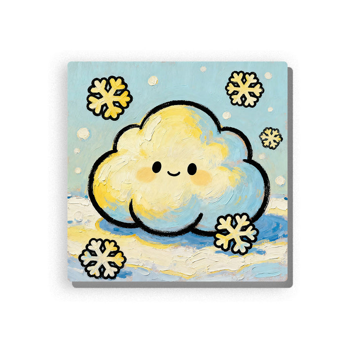 Winter snow cloud with soft yellow glow, simple face, floating snowflakes, pale blue sky, snowy white ground bands, and gentle cold-weather mood, paint by numbers by PaintEasy