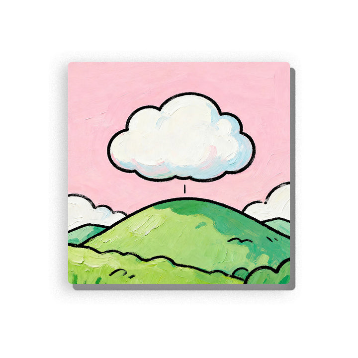 White cloud floating above green rolling hills with pale pink sky, simple side clouds, curved horizon, soft outlines, and peaceful first-landscape mood, paint by numbers by PaintEasy