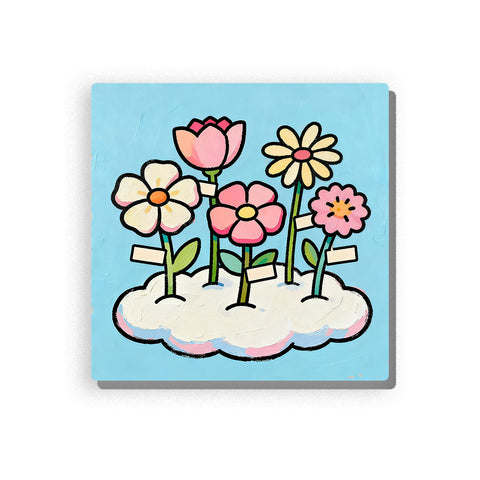 Colorful flower garden growing from a fluffy white cloud with pink, cream, yellow, and peach blooms, green stems, blue background, and playful first-garden mood, paint by numbers by PaintEasy