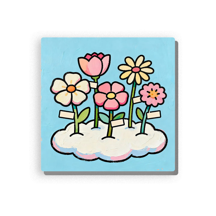 Colorful flower garden growing from a fluffy white cloud with pink, cream, yellow, and peach blooms, green stems, blue background, and playful first-garden mood, paint by numbers by PaintEasy