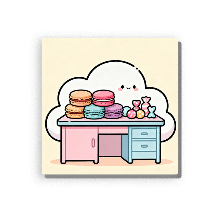 Pastel dessert table with stacked macarons, wrapped candies, pink table panel, blue drawers, smiling cloud outline, and sweet pretend-bakery mood, paint by numbers by PaintEasy