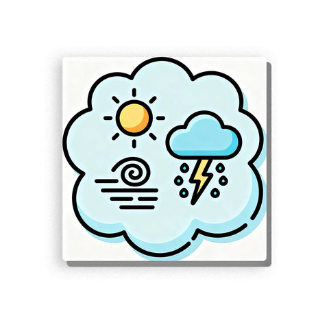 Weather symbols inside a large cloud outline with yellow sun, blue rain cloud, black lightning bolt, spiral wind mark, rain drops, and simple learning mood, paint by numbers by PaintEasy