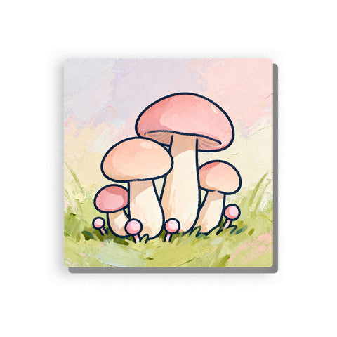 Pastel mushroom cluster in a soft meadow with rounded pink caps, cream stems, small grass blades, pale lavender background, and gentle nature mood, paint by numbers by PaintEasy