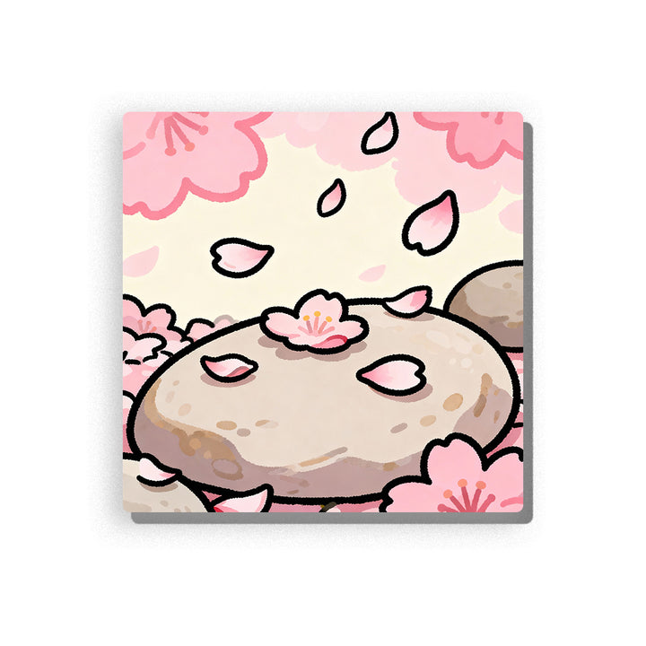 Cherry blossom petals falling over a smooth gray garden stone with soft pink flowers, cream background, gentle spring colors, and calm nature mood, paint by numbers by PaintEasy