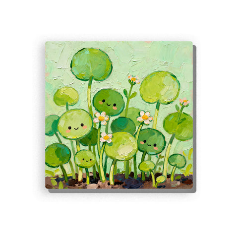 Smiling green lily pad friends with rounded leaf faces, thin stems, tiny white flowers, orange blossoms, soft green background, and cheerful nature mood, paint by numbers by PaintEasy