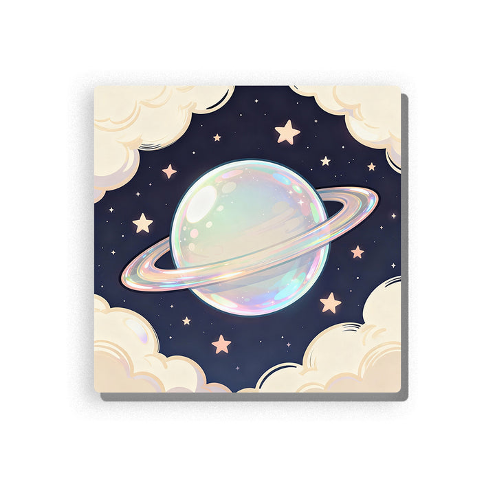 Soft green ringed planet with pastel rings, dark navy sky, cream cloud frame, pale pink stars, gentle highlights, and calm bedtime space mood, paint by numbers by PaintEasy