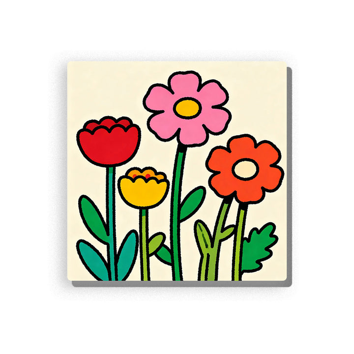 Colorful garden flowers with red, yellow, pink, and orange blooms, tall green stems, simple leaves, bold black outlines, and bright first-garden mood, paint by numbers by PaintEasy