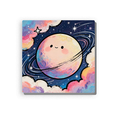 Smiling ringed planet with rosy cheeks, dark orbit rings, navy space background, sparkling stars, pastel clouds, and dreamy bedtime mood, paint by numbers by PaintEasy