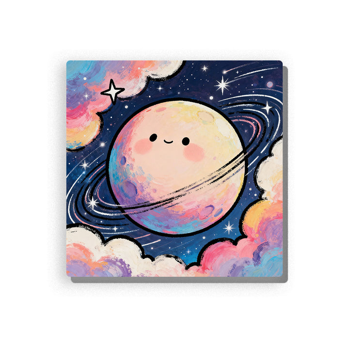 Smiling ringed planet with rosy cheeks, dark orbit rings, navy space background, sparkling stars, pastel clouds, and dreamy bedtime mood, paint by numbers by PaintEasy