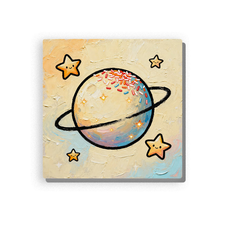 Pastel ringed planet with cream stars, black orbit ring, colorful sprinkle details, soft cream and blue textured background, and gentle space mood, paint by numbers by PaintEasy