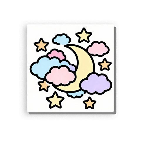 Crescent moon resting among pastel clouds with cream stars, pink and blue cloud shapes, bold black outlines, and peaceful bedtime mood, paint by numbers by PaintEasy
