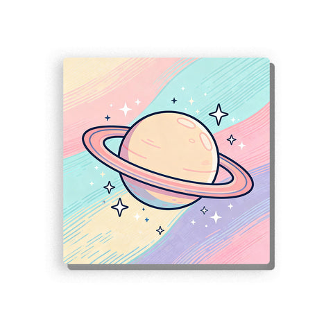 Pastel ringed planet with peach body, pink and lavender rings, tiny stars, diagonal rainbow sky bands, and soft space-themed mood, paint by numbers by PaintEasy