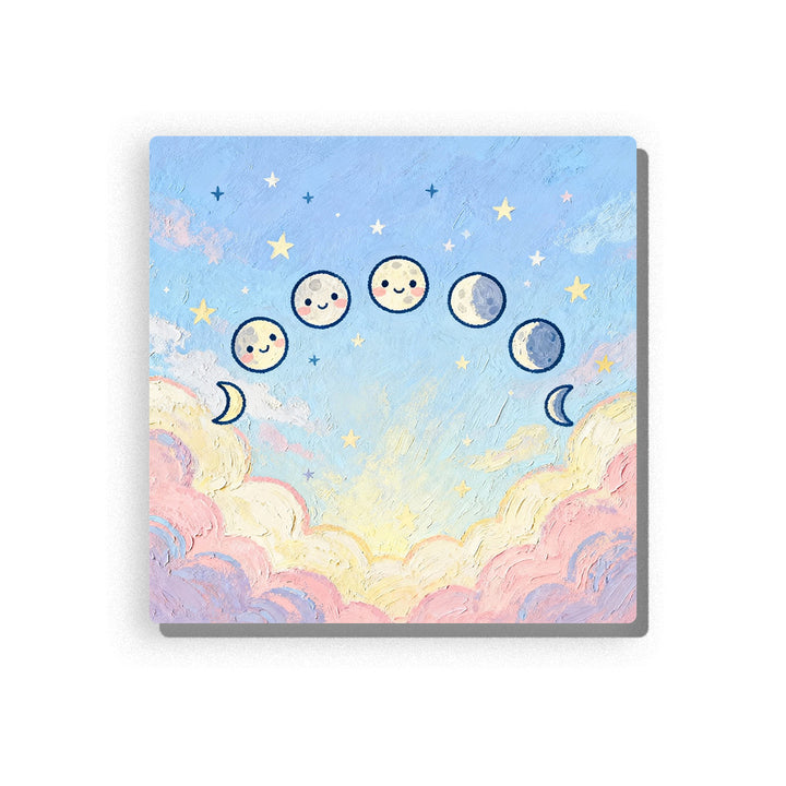 Smiling moon phases floating above pastel clouds with crescent moons, round moon faces, tiny stars, pale blue sky, and peaceful bedtime mood, paint by numbers by PaintEasy