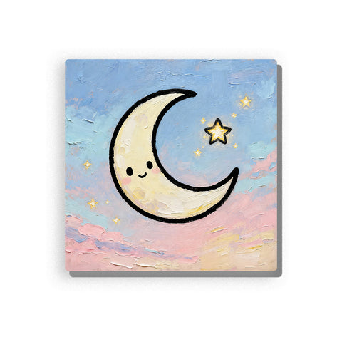 Smiling crescent moon with tiny star, pale blue sky, soft pink clouds, gentle yellow shading, small glowing star dots, and peaceful bedtime mood, paint by numbers by PaintEasy