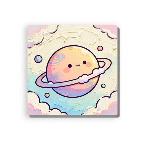 Smiling pastel planet with peach pink body, cloud ring, small round planets, soft swirl details, cream and aqua background, and gentle bedtime space mood, paint by numbers by PaintEasy