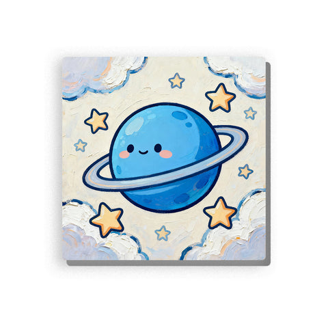 Smiling blue ringed planet with rosy cheeks, wide orbit ring, fluffy cream clouds, simple stars, pale sky background, and cheerful bedtime space mood, paint by numbers by PaintEasy