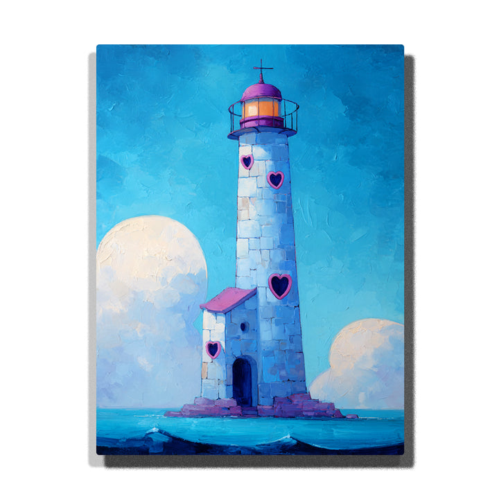 White heart lighthouse with pink roof on calm blue sea, heart-shaped windows, small side tower, fluffy clouds, and dreamy storybook coastal mood, paint by numbers by PaintEasy