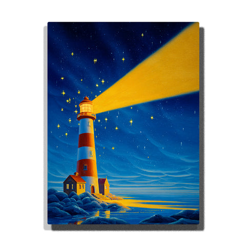 Red striped lighthouse casting a golden beam under a starry night sky with glowing shore house, rocky coast, calm water reflections, and magical seaside mood, paint by numbers by PaintEasy