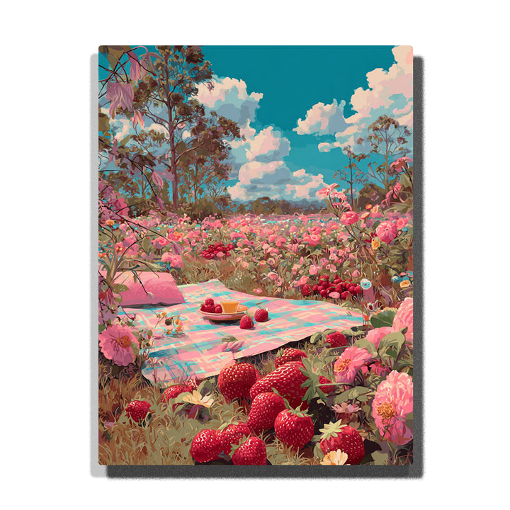 Strawberry picnic blanket in a blooming garden with red strawberries, pink flowers, green leaves, blue sky, fluffy clouds, and sunny field details, Paint by Numbers kit for kids by PaintEasy.