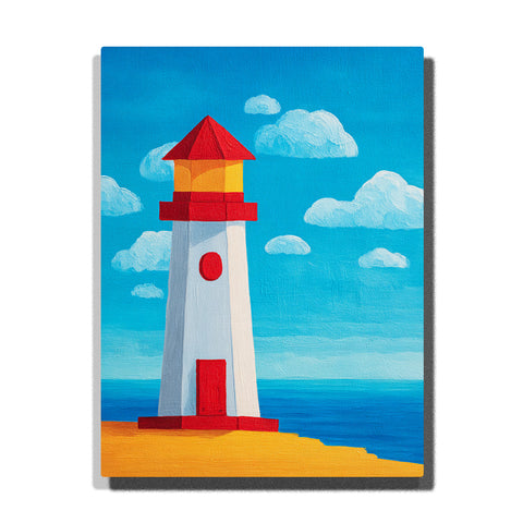 Simple white lighthouse with red roof by calm blue sea, golden shoreline, red door, small clouds, and bright child-friendly seaside mood, paint by numbers by PaintEasy