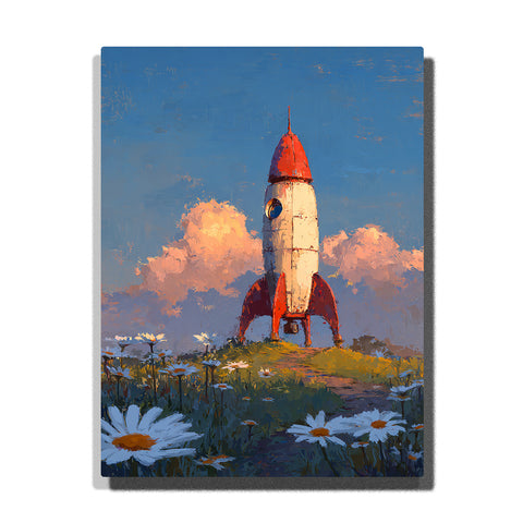 Red-tipped rocket standing in a daisy meadow with blue sky, peach clouds, round window, red fins, green grass, and white flowers, paint by numbers wall art by PaintEasy